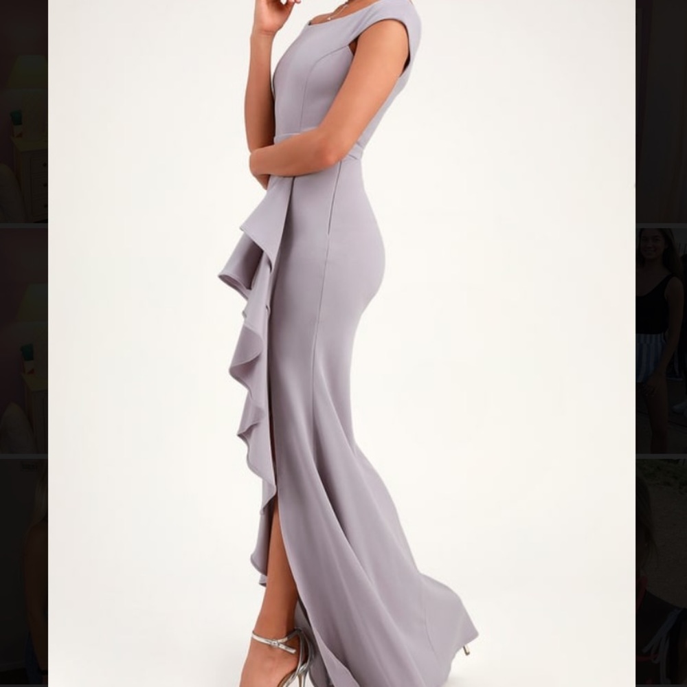 lavender ruffled off the shoulder maxi dress